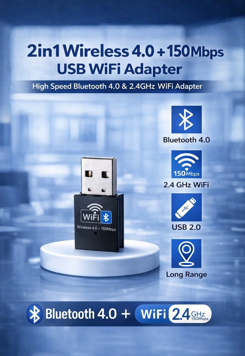 2-in-1 Wireless Bluetooth 4.0 + 150Mbps 2.4GHz USB WiFi Adapter – Plug & Play USB Network Adapter for PC & Laptop - Image 1