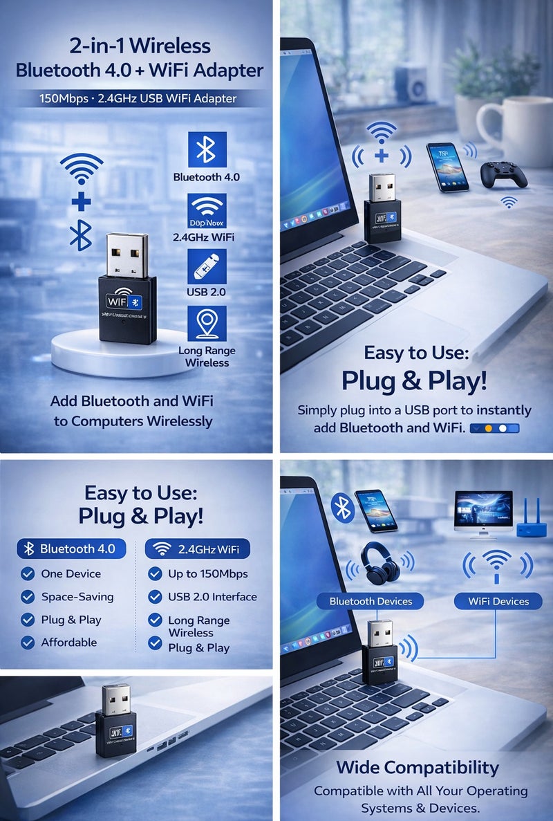 2-in-1 Wireless Bluetooth 4.0 + 150Mbps 2.4GHz USB WiFi Adapter – Plug & Play USB Network Adapter for PC & Laptop - Image 3