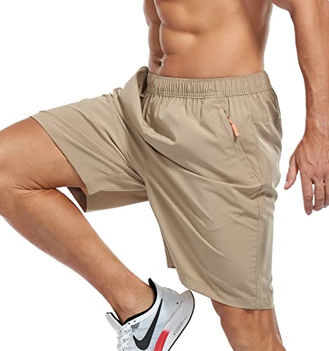 SPOSULEI Men's Athletic Shorts Quick Dry Lightweight Gym Running Casual 7 Inch Inseam Shorts with Zipper Pockets Khaki Large - Image 3