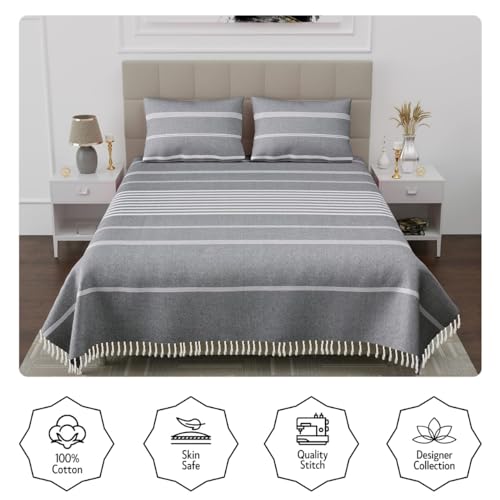 Värde 210 TC Cotton Double Bedsheet with 2 Pillow Cover | Handloom Bedsheets for Single Bed | Handmade Bedsheet | All Season Comfort | Breathable Size 90X100 Inches (Grey) - Image 2