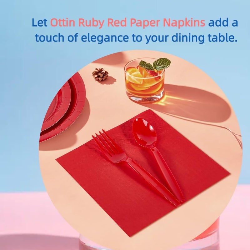 Ottin Solid Ruby Red Paper Dinner Napkins 6.5'' Disposable Luncheon Napkins 50 Count for Birthday Wedding Party Everyday Lunch Dinner Event Memorial Day Juneteenth - Image 3