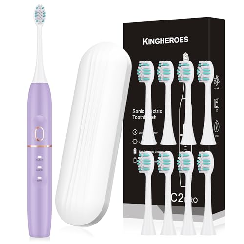 kingheroes Electric Toothbrush Set, Comes with 8 Brush Heads & Travel Case,4 Modes with 2 Minutes Built in Smart Timer, One Charge for 60 Days, 42000 VPM Motor (Purple) - Image 1
