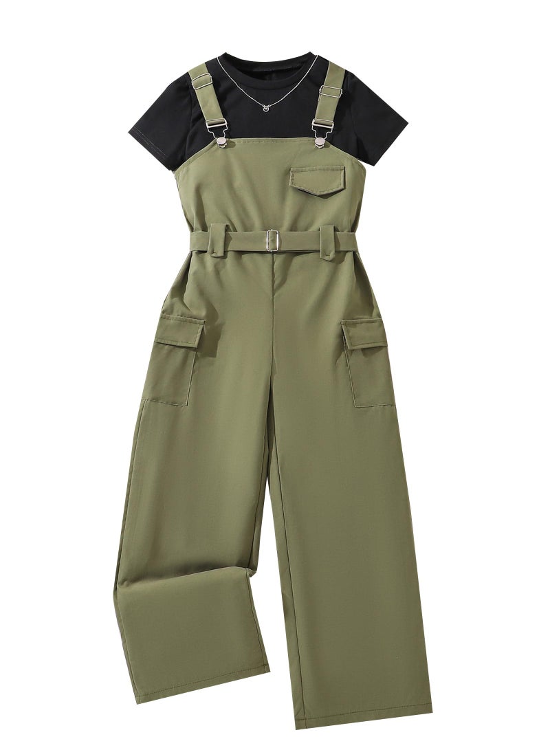 Hilinker Girl's Overalls 2 Piece Outfits Short Sleeve Top and Cargo Jumpsuit Set with Pockets Black Army Green 11-12 Year - Image 1