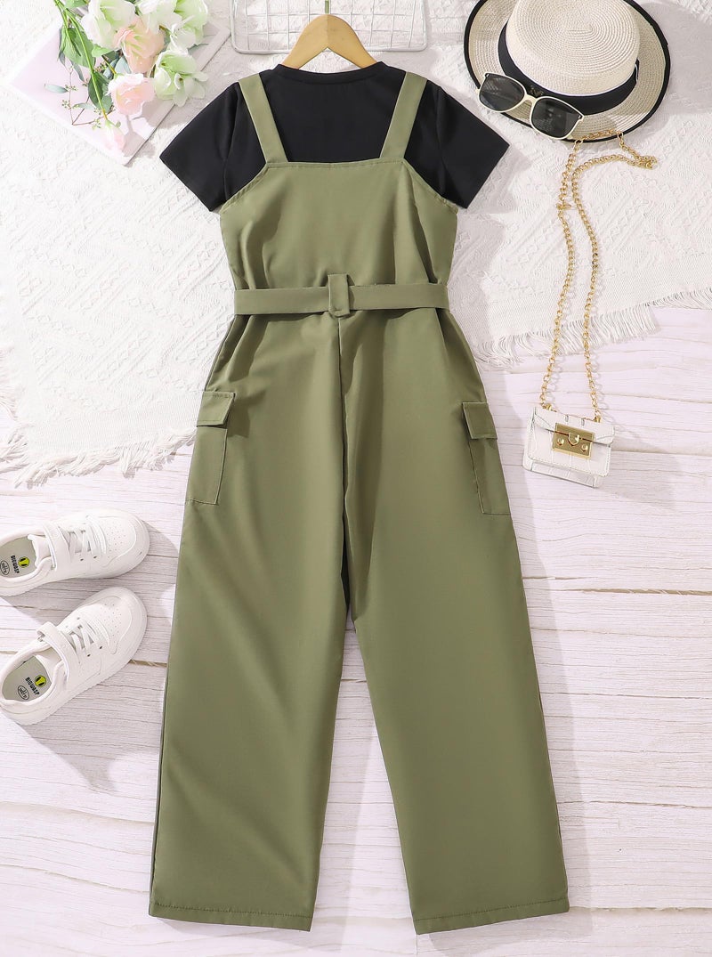 Hilinker Girl's Overalls 2 Piece Outfits Short Sleeve Top and Cargo Jumpsuit Set with Pockets Black Army Green 11-12 Year - Image 2