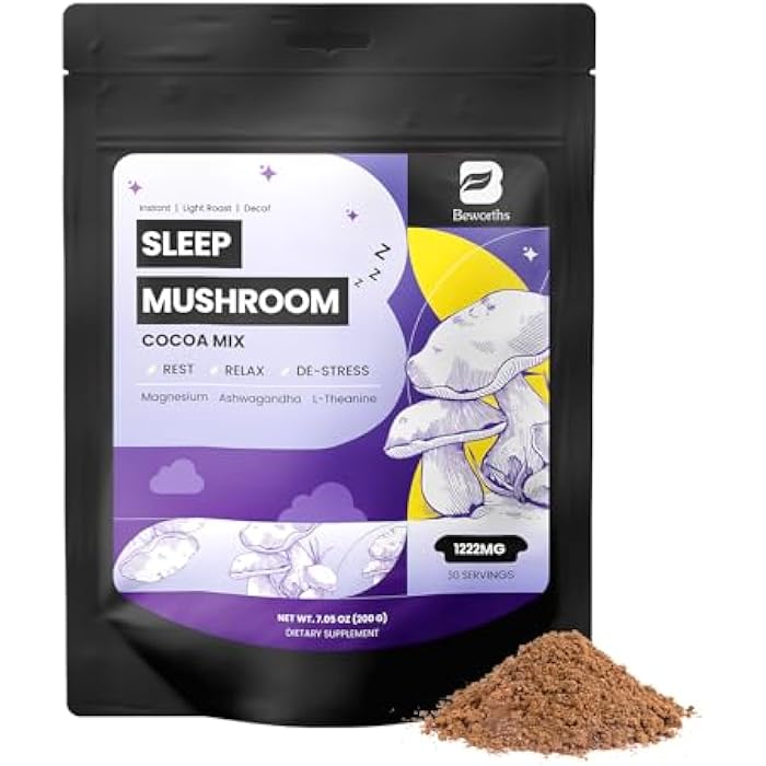 B BEWORTHS ب بيورثس كاكاو الفطر الساخن، 10 - مزيج مستخلص الفطر المعقد مع تركيبة دعم النوم، أشواغاندا، إل-ثيانين، بلسم الليمون، غابا، ميلاتونين، دعم النوم السريع والبقاء نائماً، 30 حصة - Image 1