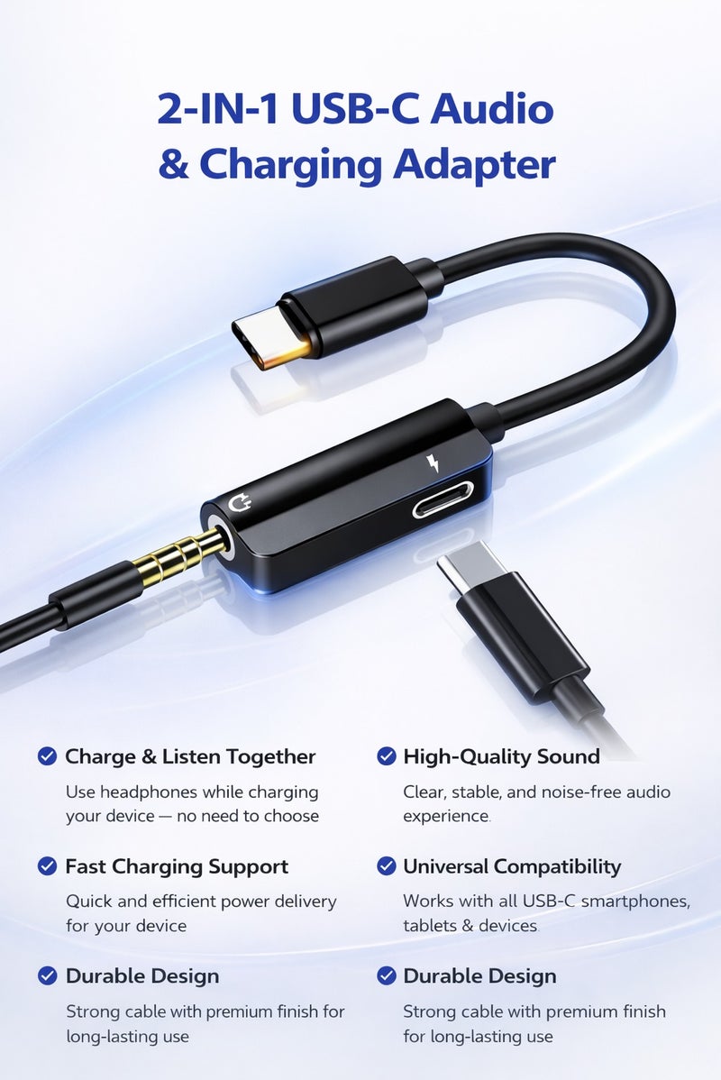 محول USB Type-C إلى 3.5 مم لسماعات الأذن مع منفذ شحن، محول صوت 2 في 1 USB-C، دعم الشحن السريع 3A، صوت عالي الجودة Hi-Fi، متوافق مع هواتف أندرويد والأجهزة اللوحية وجميع أجهزة USB-C - Image 1