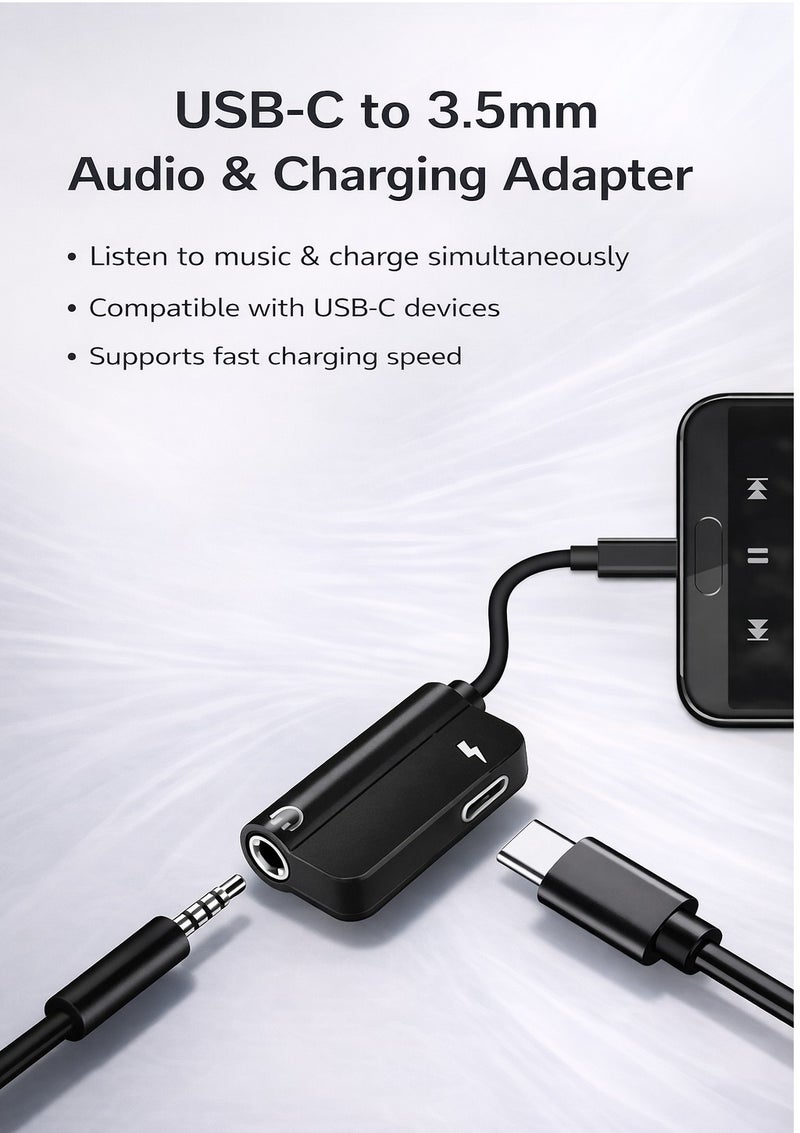 محول USB Type-C إلى 3.5 مم لسماعات الأذن مع منفذ شحن، محول صوت 2 في 1 USB-C، دعم الشحن السريع 3A، صوت عالي الجودة Hi-Fi، متوافق مع هواتف أندرويد والأجهزة اللوحية وجميع أجهزة USB-C - Image 2