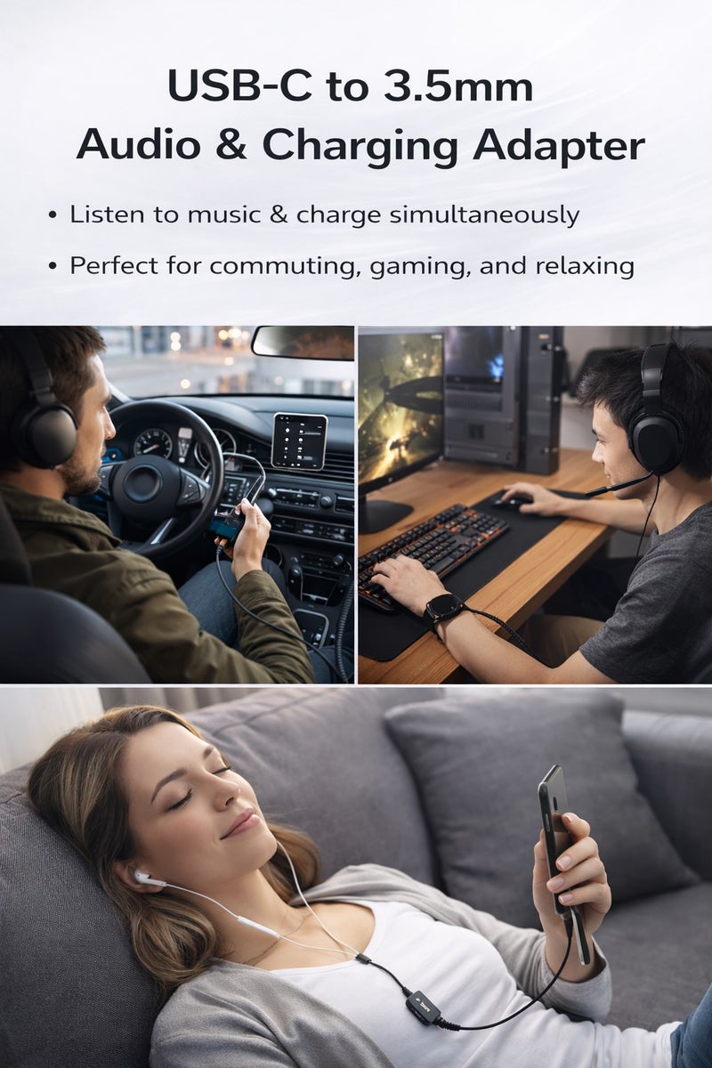 محول USB Type-C إلى 3.5 مم لسماعات الأذن مع منفذ شحن، محول صوت 2 في 1 USB-C، دعم الشحن السريع 3A، صوت عالي الجودة Hi-Fi، متوافق مع هواتف أندرويد والأجهزة اللوحية وجميع أجهزة USB-C - Image 4
