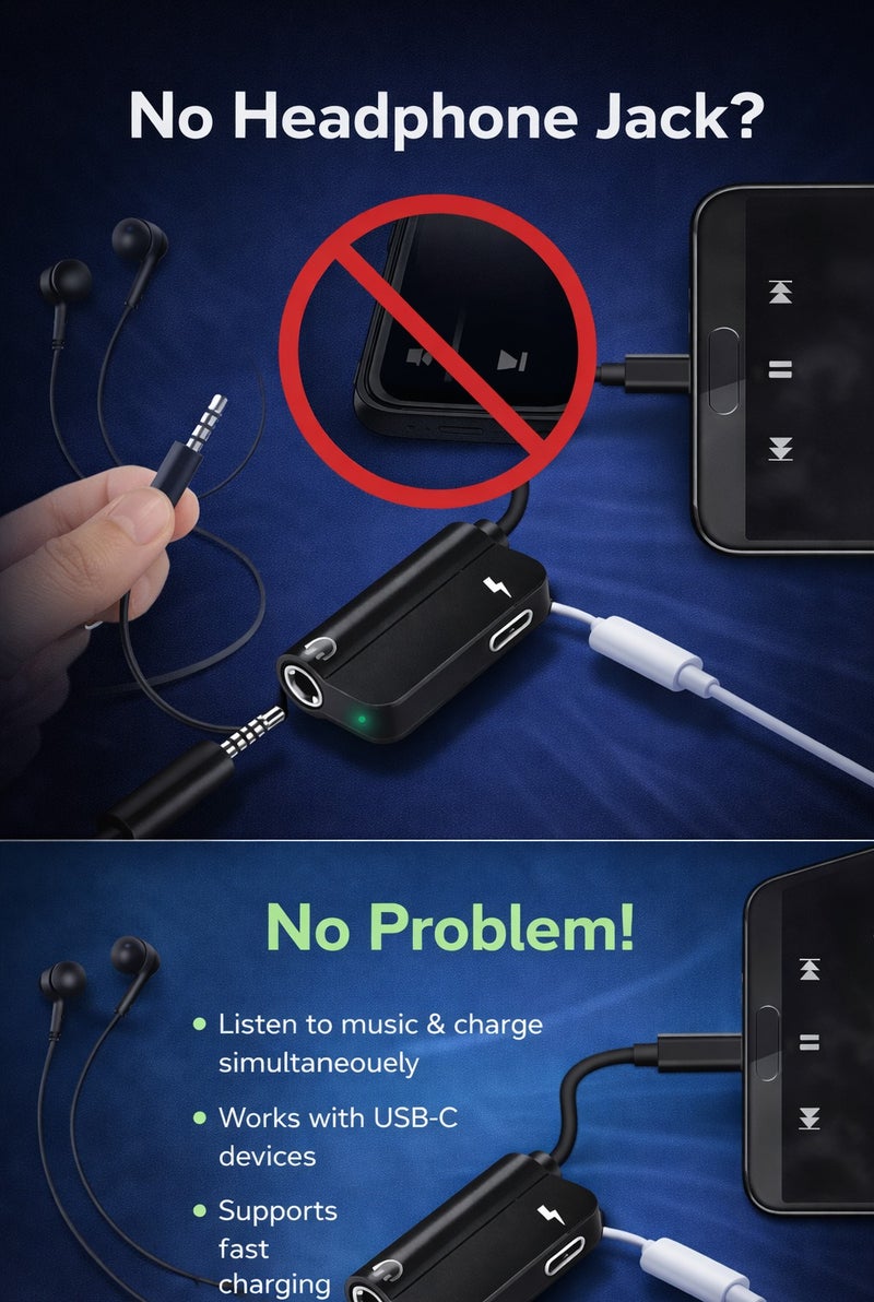 محول USB Type-C إلى 3.5 مم لسماعات الأذن مع منفذ شحن، محول صوت 2 في 1 USB-C، دعم الشحن السريع 3A، صوت عالي الجودة Hi-Fi، متوافق مع هواتف أندرويد والأجهزة اللوحية وجميع أجهزة USB-C - Image 5