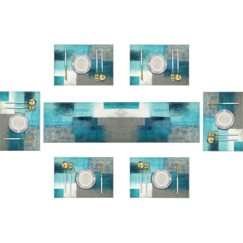 Emvency Farmhouse Table Runner and Placemats Set of 6 CottonLinen Abstract Teal and Grey Painting Art Dining Table Decor for Daily Use1 Table Runner 72 inches Long and 6 Placemats