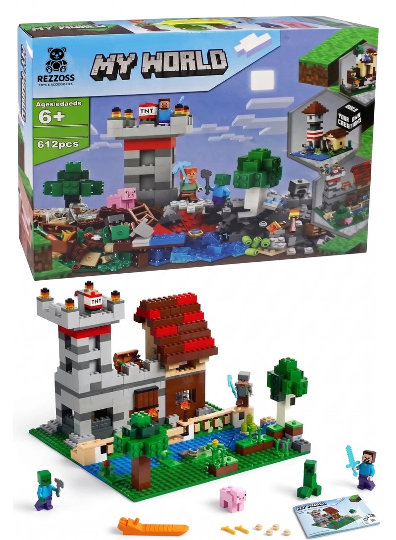 REZZOSS 612 Pcs My World Castle & Farm Building Blocks Set – Minecraft Themed Construction Toy with Minifigures | Steve, Alex, Zombie & Creeper Battle Playset | DIY Educational STEM Brick Kit for Kids 6+ | Watchtower, TNT & Boat Model - Image 1