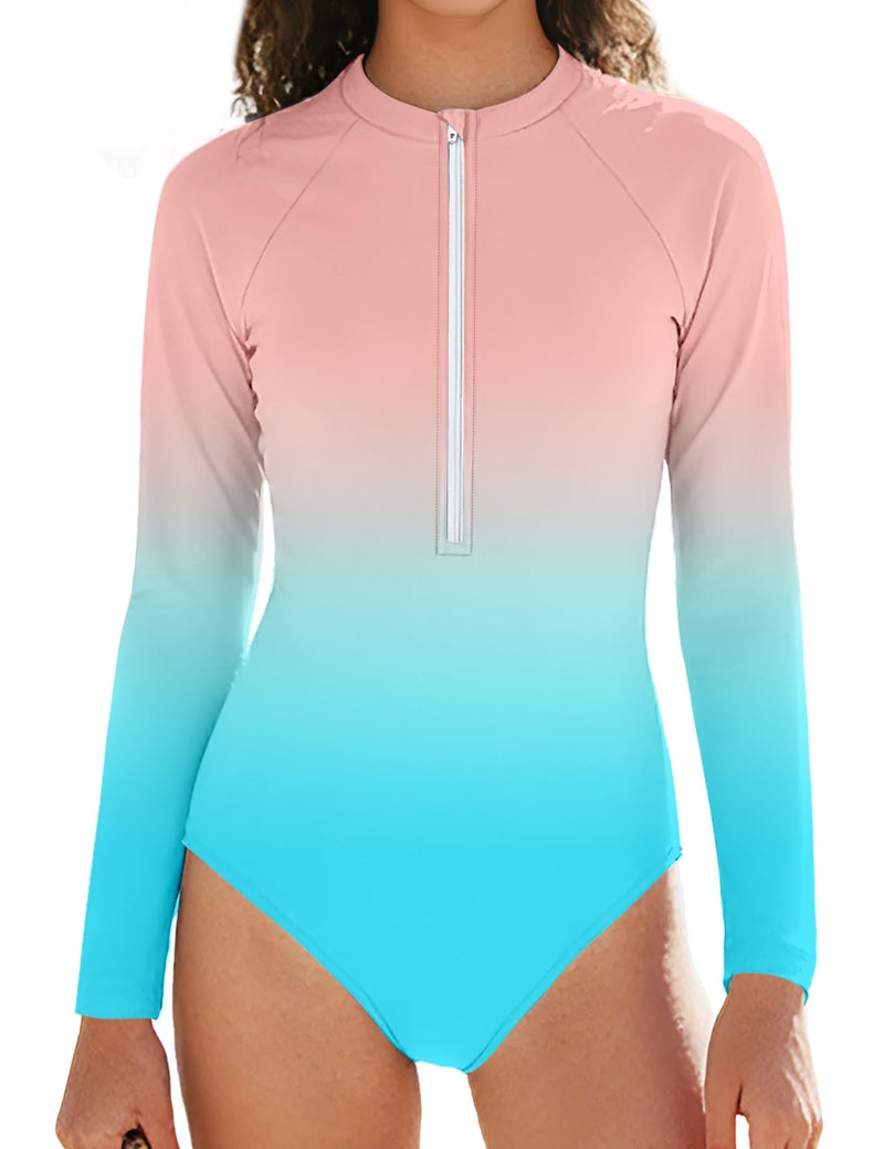 ADIFUN Girls Swimsuit 12-14 Girls One Piece Swimsuits Pink Blue Gradient Zipper Girl Rash Guard Swimwear Teen Girl Long Sleeve Bathing Suit UPF50+ Sun Protection Swim Suits - Image 1