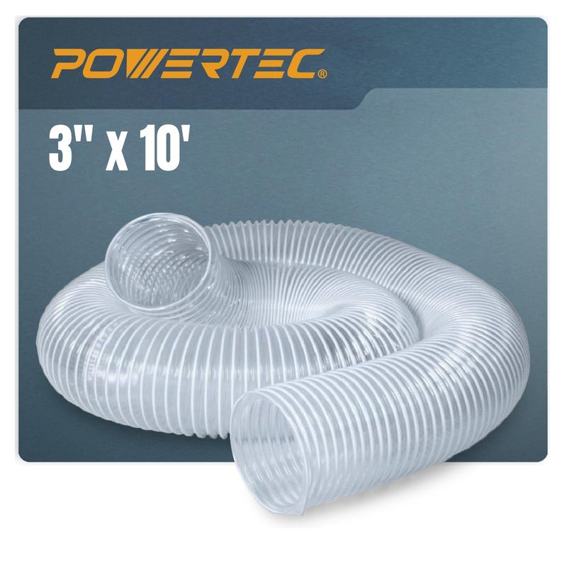 POWERTEC 3 x 10 Dust Collection Hose 3 Inch Flexible PVC Dust Collector Hose for Table Saw Planer CNC Machine Radial Arm Saw Woodworking and Wood Shop Dust Collection System 70219
