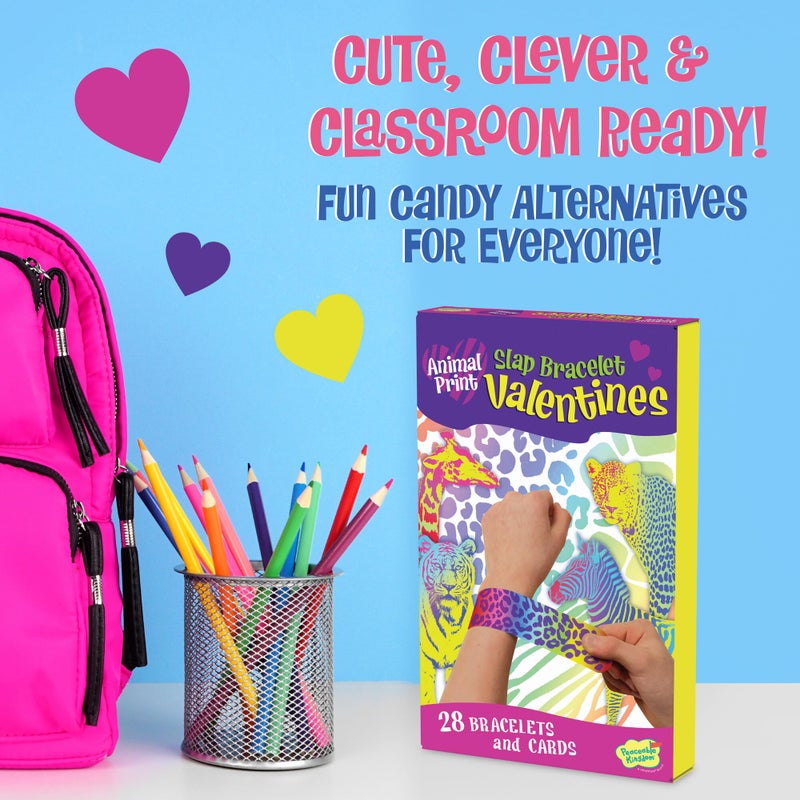 Peaceable Kingdom Valentines Cards for Kids Classroom, Set of 28 Valentines Day Gifts - Animal Print Slap Bracelets - Image 5