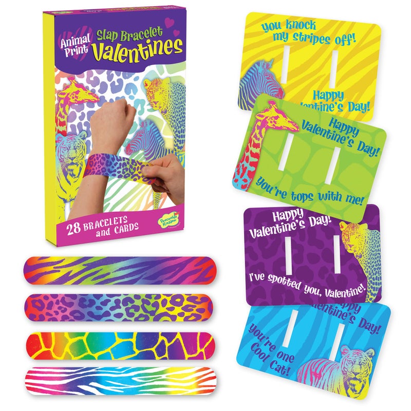 Peaceable Kingdom Valentines Cards for Kids Classroom, Set of 28 Valentines Day Gifts - Animal Print Slap Bracelets - Image 1