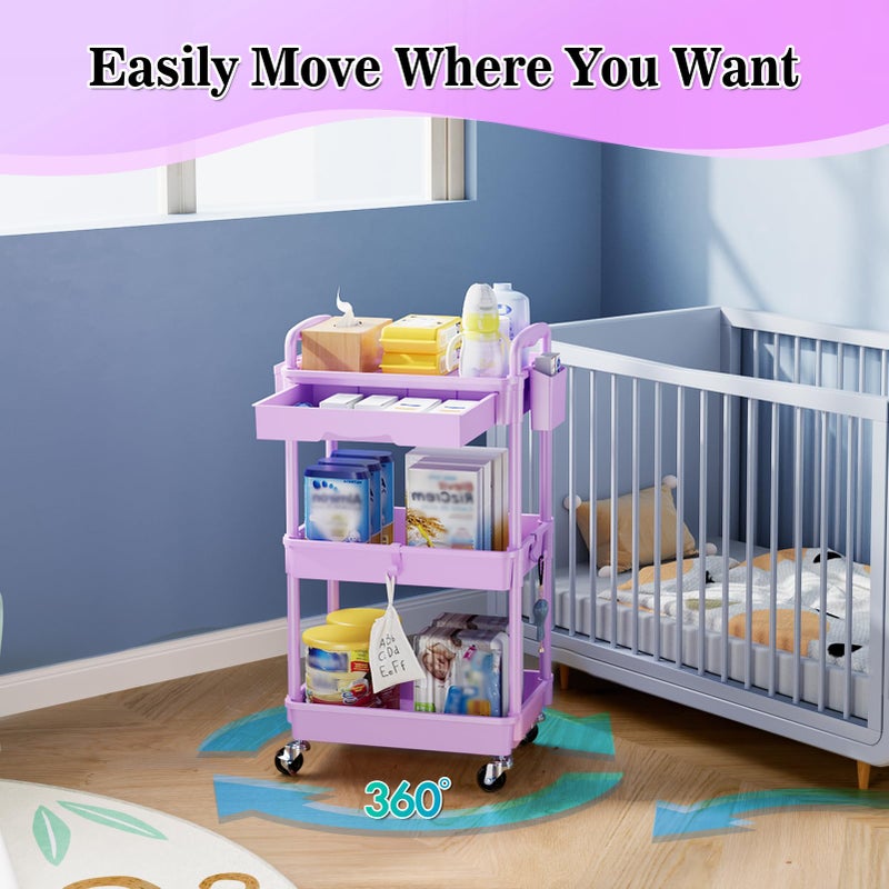 SUNALLY 3 Tier Rolling Cart Organizer with Drawer, Bathroom Storage Carts with Wheels & Plastic Shelf, Mobile Storage Organizers for Kitchen, Office, Laundry Room, Baby, Snack, Craft, Makeup, Purple - Image 4