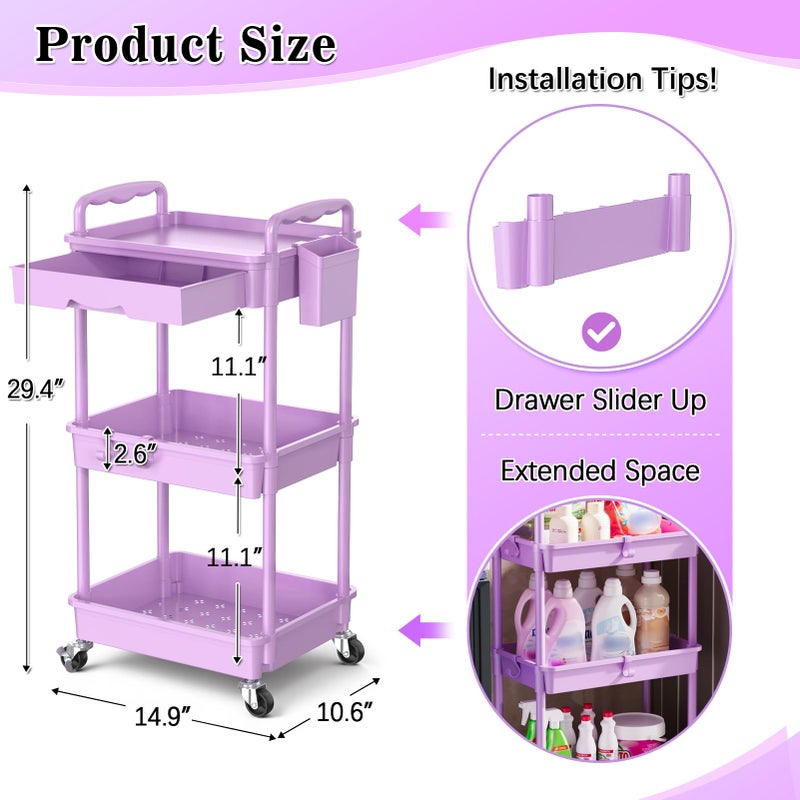SUNALLY 3 Tier Rolling Cart Organizer with Drawer, Bathroom Storage Carts with Wheels & Plastic Shelf, Mobile Storage Organizers for Kitchen, Office, Laundry Room, Baby, Snack, Craft, Makeup, Purple - Image 2