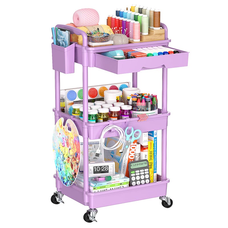 SUNALLY 3 Tier Rolling Cart Organizer with Drawer, Bathroom Storage Carts with Wheels & Plastic Shelf, Mobile Storage Organizers for Kitchen, Office, Laundry Room, Baby, Snack, Craft, Makeup, Purple - Image 1