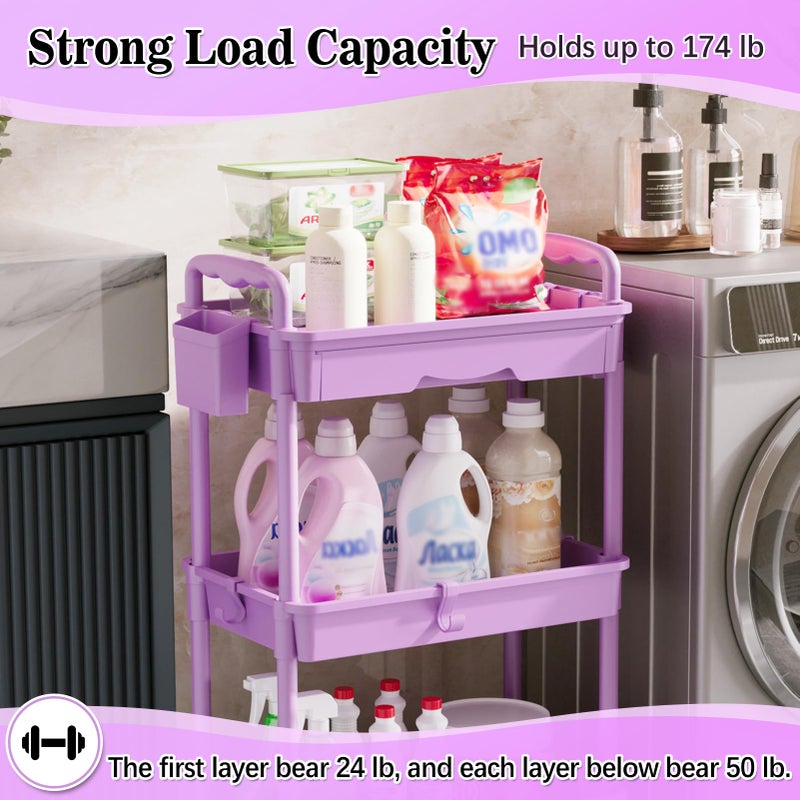 SUNALLY 3 Tier Rolling Cart Organizer with Drawer, Bathroom Storage Carts with Wheels & Plastic Shelf, Mobile Storage Organizers for Kitchen, Office, Laundry Room, Baby, Snack, Craft, Makeup, Purple - Image 5