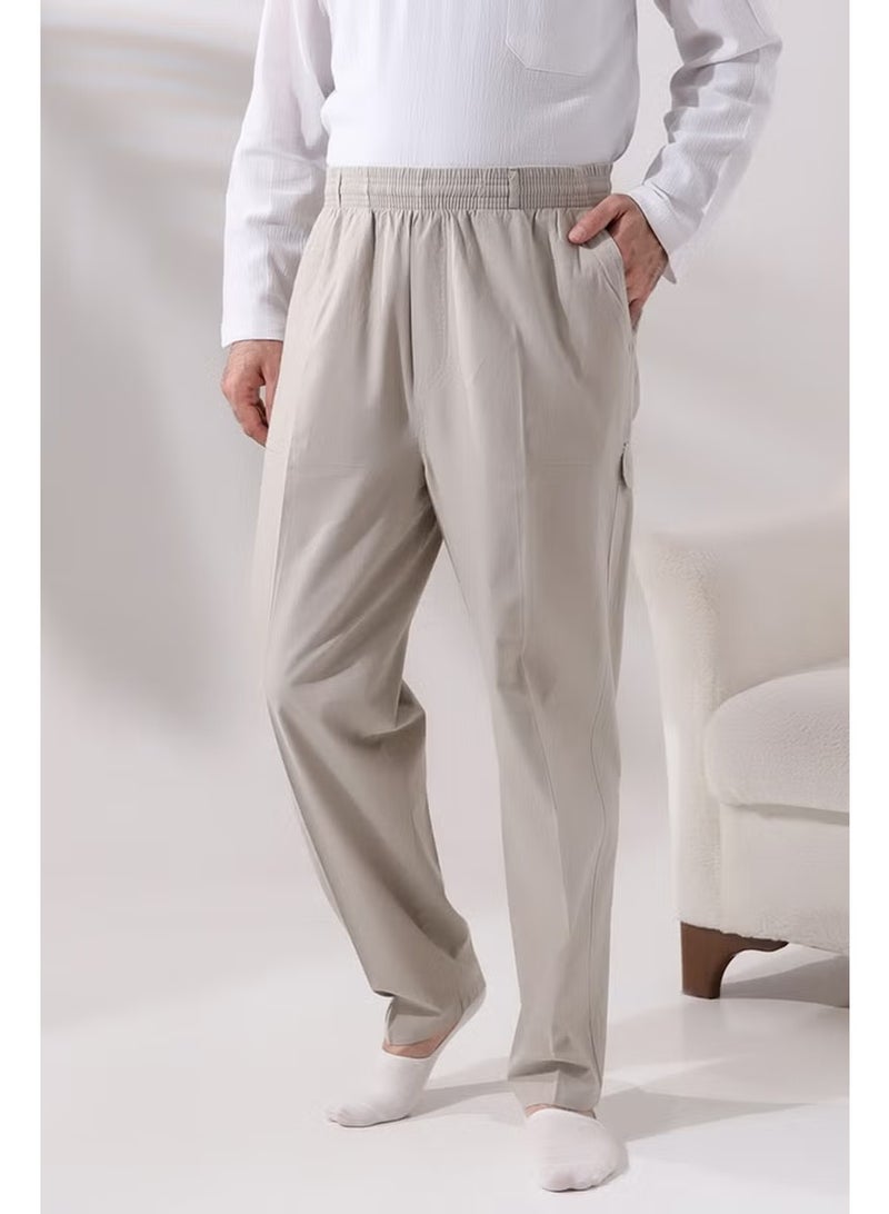 Ihvan Online Men's Cream Side Pocket Comfortable Cut Elastic Waist Cargo Hajj and Umrah Shalwar Trousers - Image 1