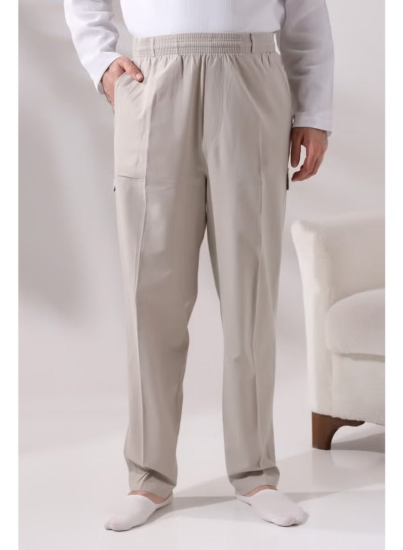 Ihvan Online Men's Cream Side Pocket Comfortable Cut Elastic Waist Cargo Hajj and Umrah Shalwar Trousers - Image 4