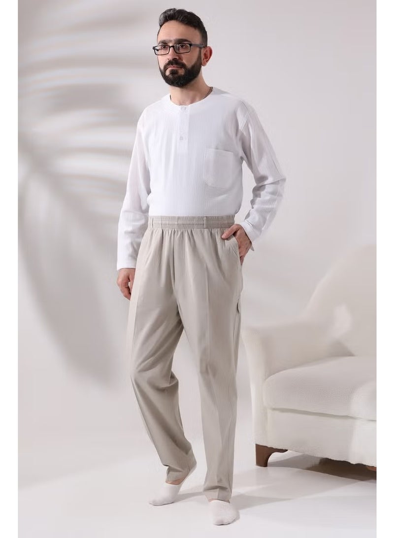 Ihvan Online Men's Cream Side Pocket Comfortable Cut Elastic Waist Cargo Hajj and Umrah Shalwar Trousers - Image 3