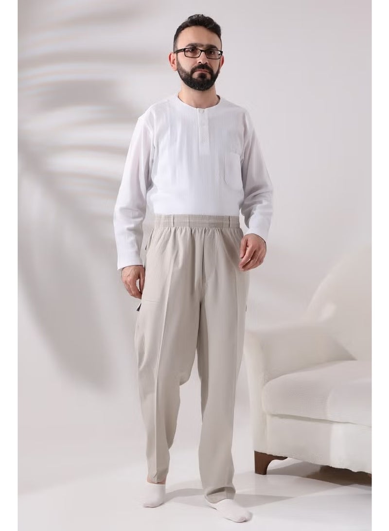 Ihvan Online Men's Cream Side Pocket Comfortable Cut Elastic Waist Cargo Hajj and Umrah Shalwar Trousers - Image 2