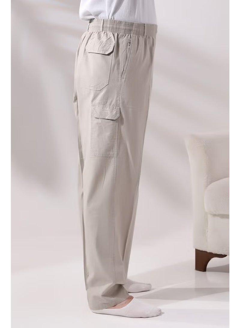 Ihvan Online Men's Cream Side Pocket Comfortable Cut Elastic Waist Cargo Hajj and Umrah Shalwar Trousers - Image 5