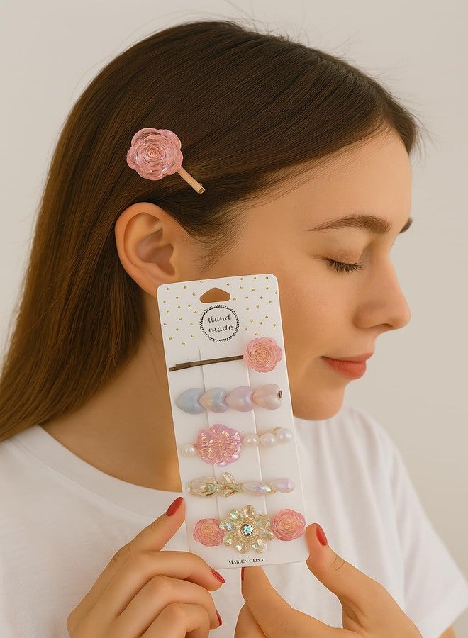 ANNACREATIONS 5-Piece Premium Korean Hair Clips Set for Women & Girls - Elegant Royal Black Stylish Accessories (Crystal Pink) - Image 3