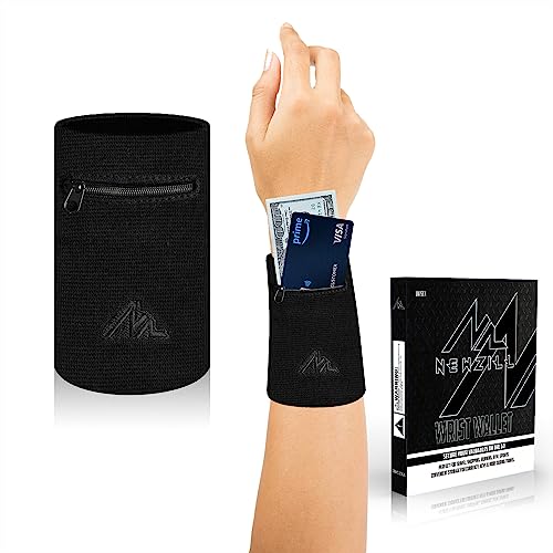 NEWZILL Wrist Wallet Wristband with Zipper - Cotton Sweatbands for Men & Women, Ideal for Sport, Running, Walking, Basketball, Football, Tennis, Hiking, Workout, and More Long Black - Image 1