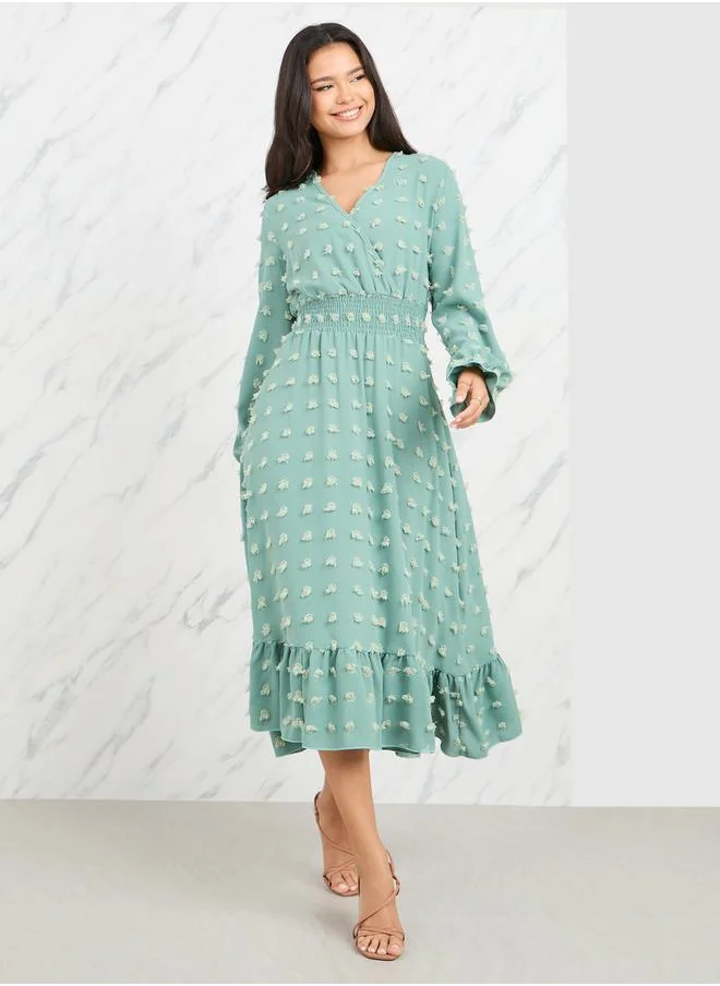 ستايلي Textured Cuff Sleeve A-Line Midi Dress