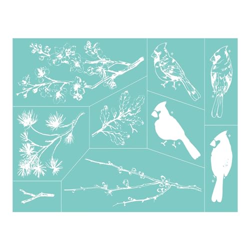 Briartw Two Cardinals Seasonal Branches Silkscreen Stencil Reusable SelfAdhesive Mesh Stencils Silk Screen Stencil Printing for Polymer Clay Home Decoration Printing on Wood Fabric Wall Cup Plate