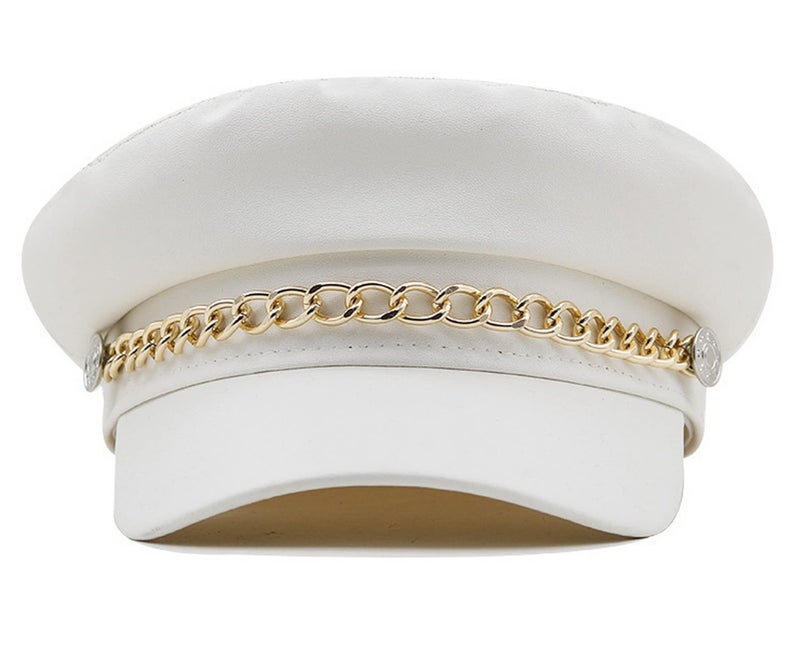 Brcus Women Yacht Captain Sailor Hat PU Newsboy Cabbie Baker Boy Peaked Beret Cap (White A) - Image 2