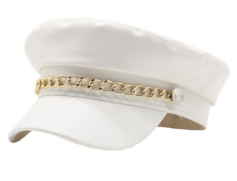 Brcus Women Yacht Captain Sailor Hat PU Newsboy Cabbie Baker Boy Peaked Beret Cap (White A) - Image 1