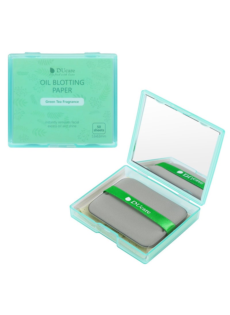 DUcare - Oil Blotting Sheets for Face, 100 Counts Green Tea Blotting Paper For Oily Skin with Portable Mirror Case & Makeup Puff, Oil Absorbing Sheets for Face - Image 1