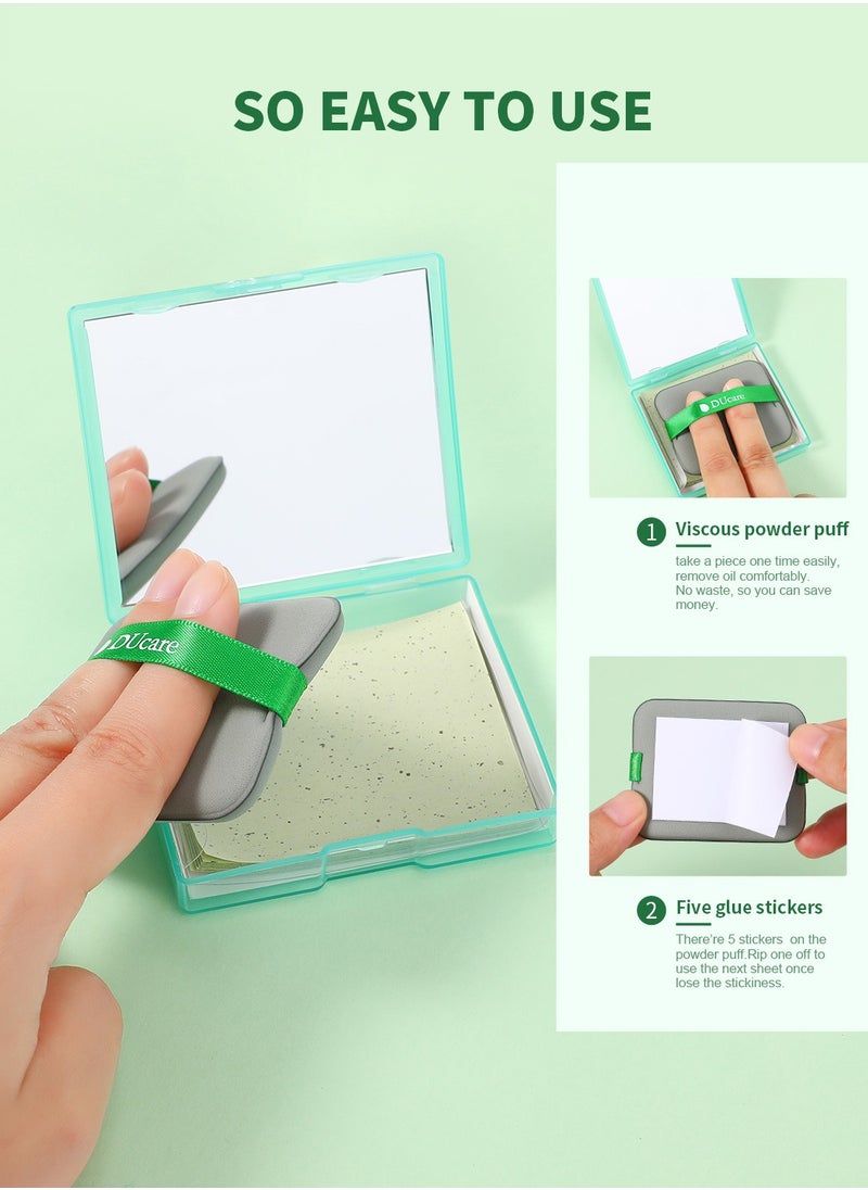 DUcare - Oil Blotting Sheets for Face, 100 Counts Green Tea Blotting Paper For Oily Skin with Portable Mirror Case & Makeup Puff, Oil Absorbing Sheets for Face - Image 1