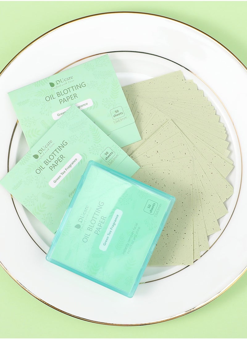 DUcare - Oil Blotting Sheets for Face, 100 Counts Green Tea Blotting Paper For Oily Skin with Portable Mirror Case & Makeup Puff, Oil Absorbing Sheets for Face - Image 1