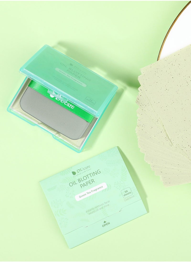 DUcare - Oil Blotting Sheets for Face, 100 Counts Green Tea Blotting Paper For Oily Skin with Portable Mirror Case & Makeup Puff, Oil Absorbing Sheets for Face - Image 1