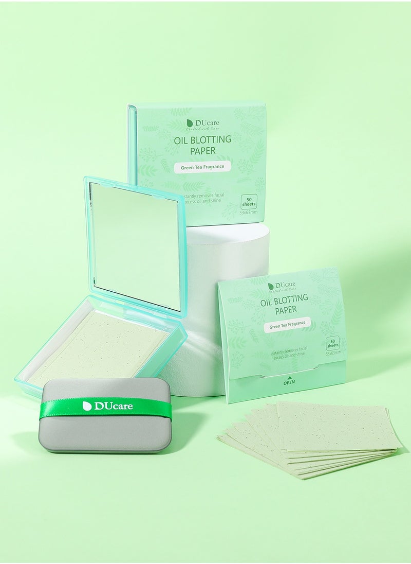 DUcare - Oil Blotting Sheets for Face, 100 Counts Green Tea Blotting Paper For Oily Skin with Portable Mirror Case & Makeup Puff, Oil Absorbing Sheets for Face - Image 1