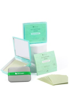 Oil Blotting Sheets for Face, 100 Counts Green Tea Blotting Paper For Oily Skin with Portable Mirror Case & Makeup Puff, Oil Absorbing Sheets for Face
