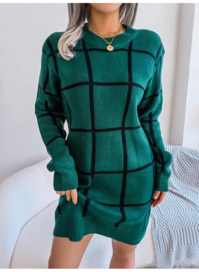 Real Shot Autumn And Winter Europe And The United States Leisure Contrast Plaid Long Sleeve Bottoming Sweater Dress Women's Clothing