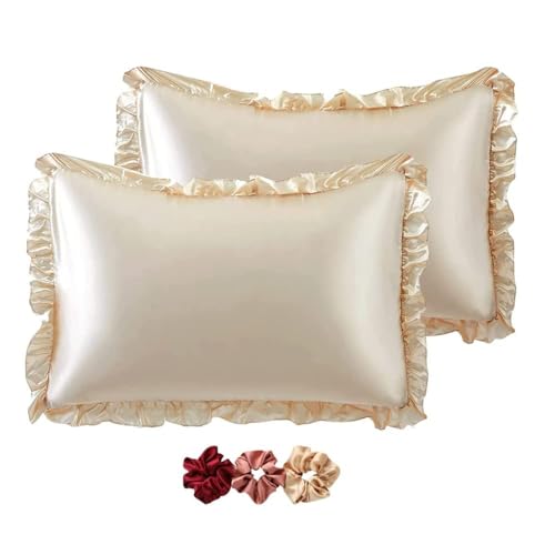 GO WELL Ruffle Satin Solid Pillowcase For Hair And Skin, Standard Size Covers Silky Pillow Cases Set Of 2, Satin Ruffled Pillowcase With Envelope Closure,Silk Pillow Case(Taupe) 1000TC, 72 x 48 Cm - Image 1