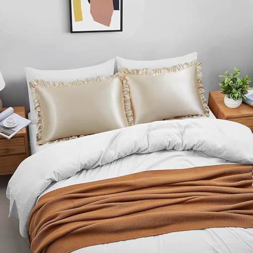 GO WELL Ruffle Satin Solid Pillowcase For Hair And Skin, Standard Size Covers Silky Pillow Cases Set Of 2, Satin Ruffled Pillowcase With Envelope Closure,Silk Pillow Case(Taupe) 1000TC, 72 x 48 Cm - Image 3