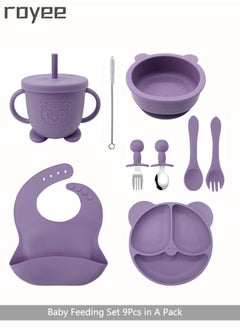 Royee 9Pcs Baby Silicone Feeding Set，Baby Toddler Bib Cup Divided Plate and Bowl Self Feeding Spoons Dish Set  Baby Utensils |Toddler Feeding Supplies  - Image 1