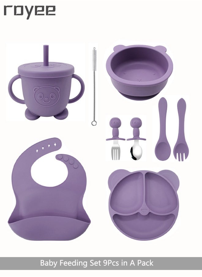 Royee 9Pcs Baby Silicone Feeding Set，Baby Toddler Bib Cup Divided Plate and Bowl Self Feeding Spoons Dish Set  Baby Utensils |Toddler Feeding Supplies  - Image 1