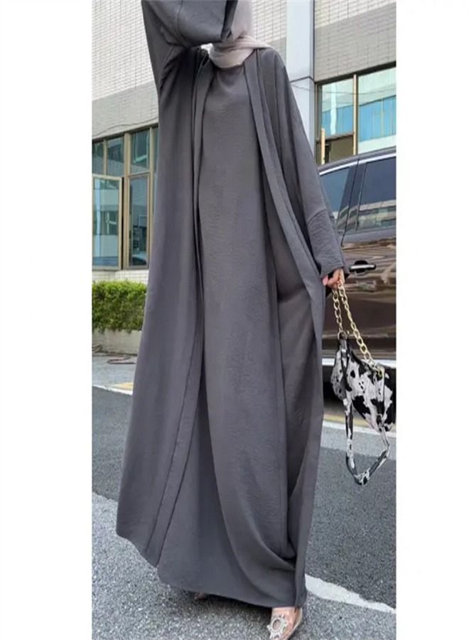 Loquat Solid Color Two-Piece Dress Abaya Grey  - Image 2