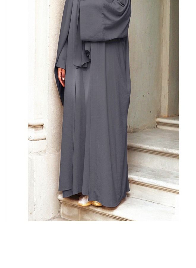 Loquat Solid Color Two-Piece Dress Abaya Grey  - Image 3