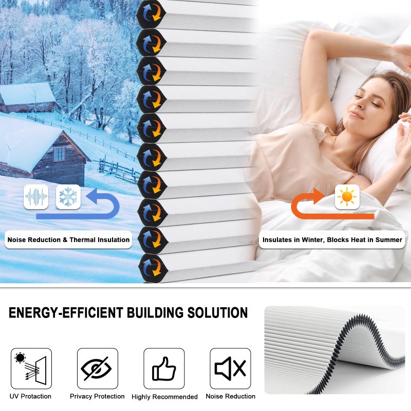 Tonature No Drill Cellular Shades for Indoor Windows, Thermal Insulating & Noise Reducing Honeycomb Blinds, Free Stop Cordless Blackout Shades, White, 22" W x 64" H - Image 4