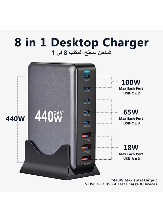 عربست محطة شحن 440 واط - 5 منافذ من النوع C (2 × 100 واط، 3 × 65 واط) و3 منافذ USB (QC18W) - تقنية GaN - معتمدة لأجهزة Macbook وGalaxy وiPad وHonor والمزيد - Image 5