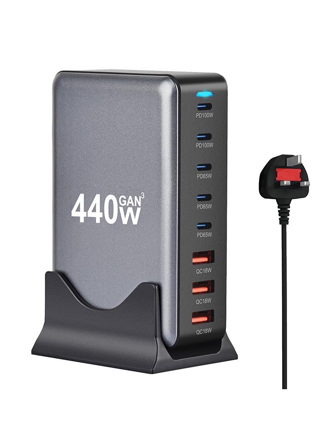 عربست محطة شحن 440 واط - 5 منافذ من النوع C (2 × 100 واط، 3 × 65 واط) و3 منافذ USB (QC18W) - تقنية GaN - معتمدة لأجهزة Macbook وGalaxy وiPad وHonor والمزيد - Image 1